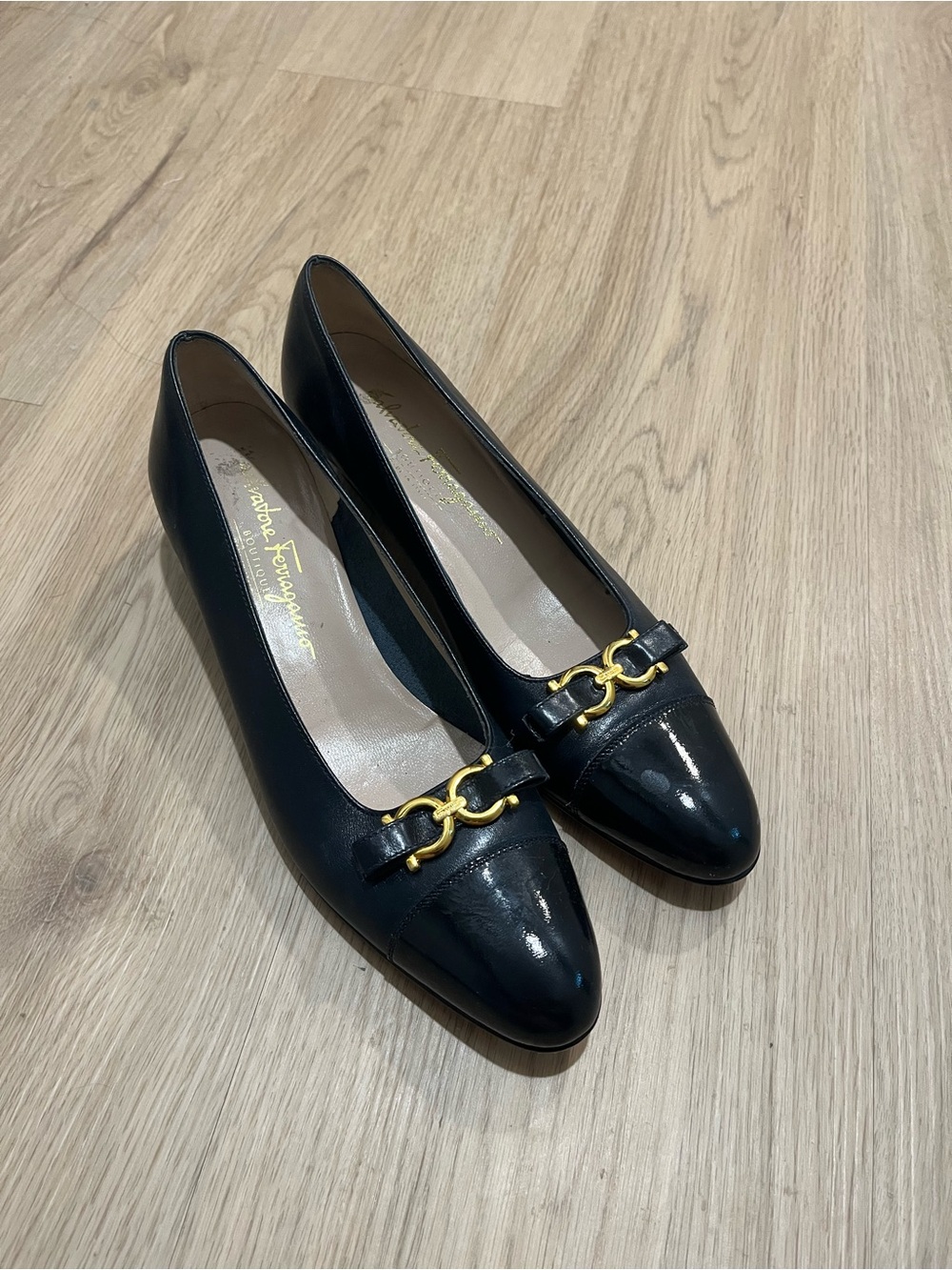Salvatore Ferragamo Black Leather Mid Block Heel Pumps with Gold Hardware - Picture 3 of 6